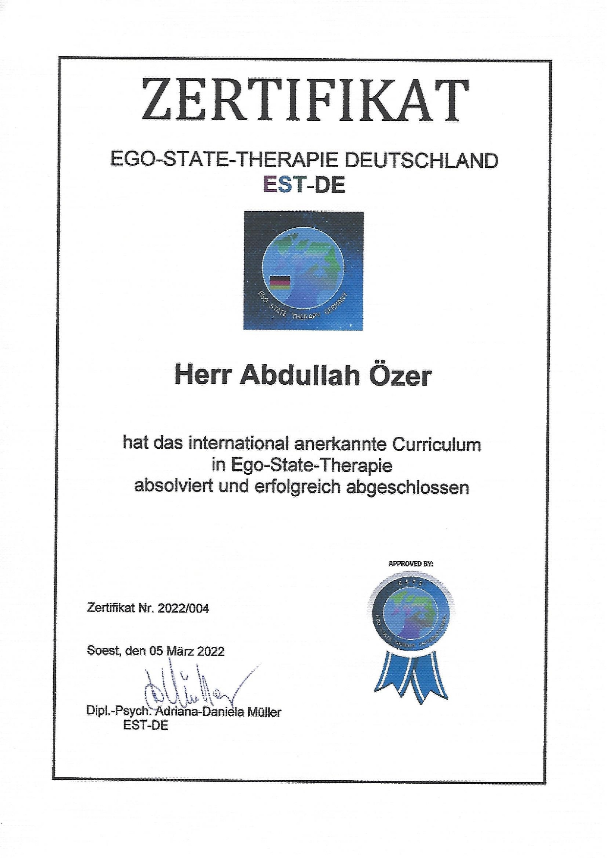 Almanya onaylı Ego State Terapi Sertifikası